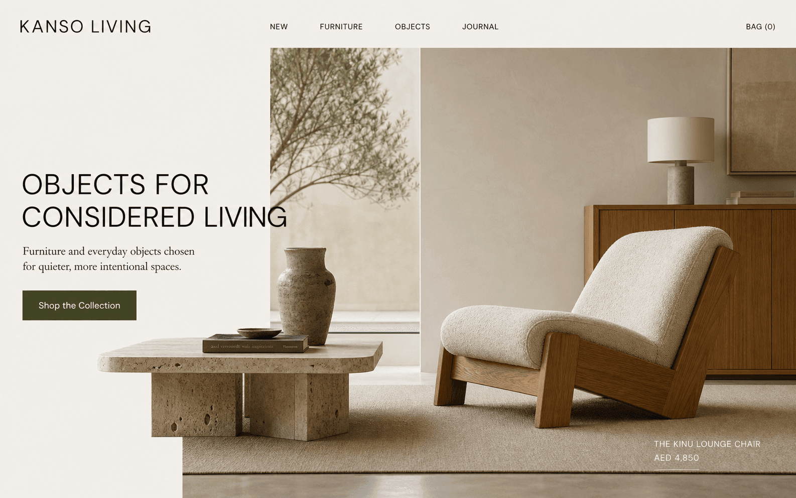 Kanso Living designer furniture e-commerce homepage