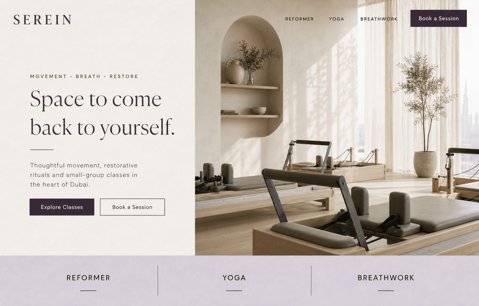 Serein wellness and Pilates studio website homepage design
