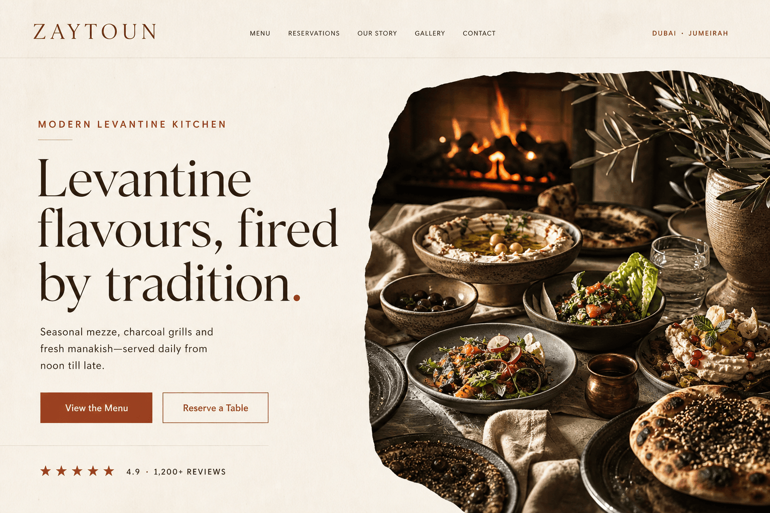 Zaytoun modern Levantine restaurant website homepage design